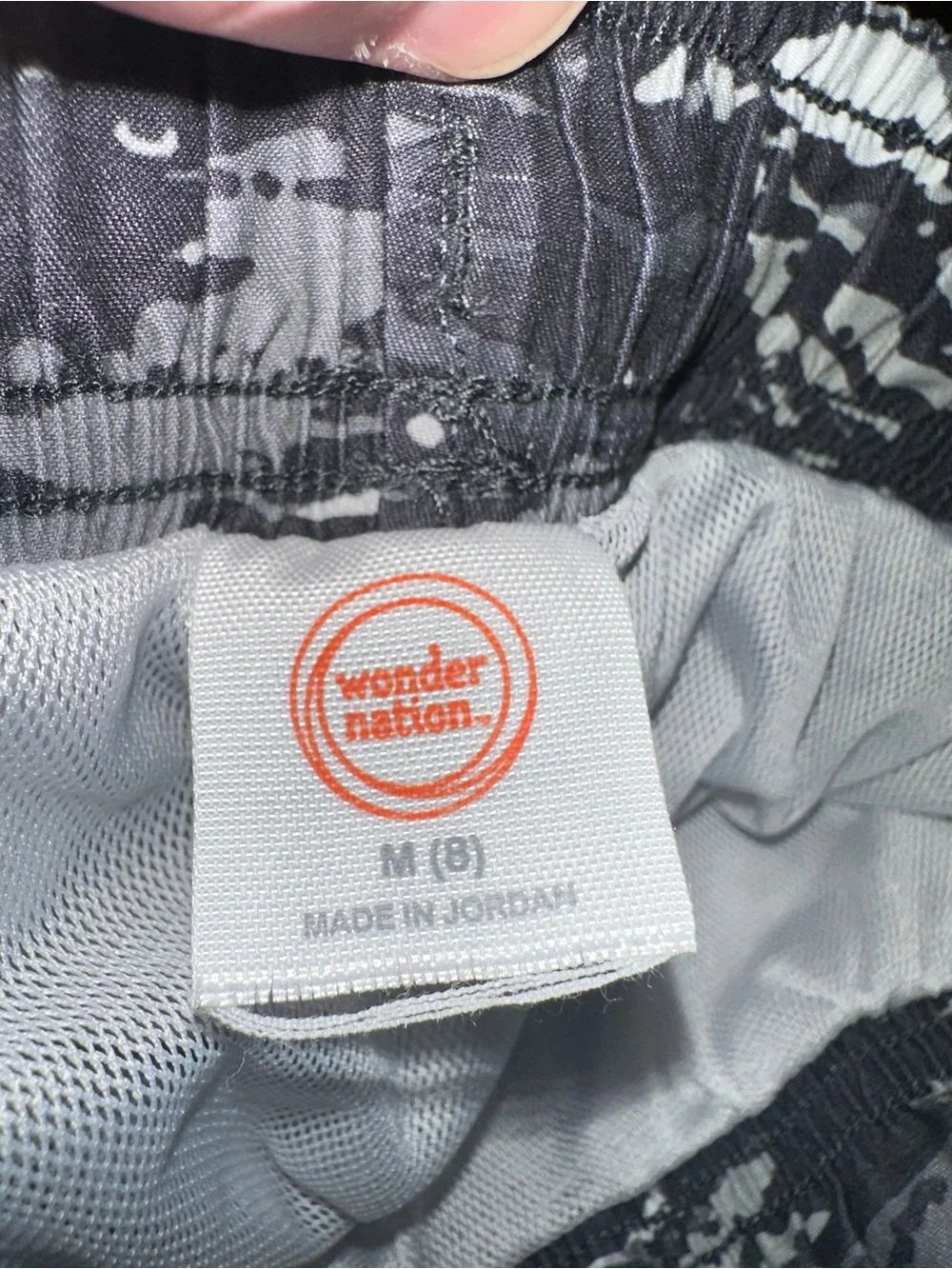 wonder nation Black, Gray & White Camo Swim Trunks with Neon Green Drawstring